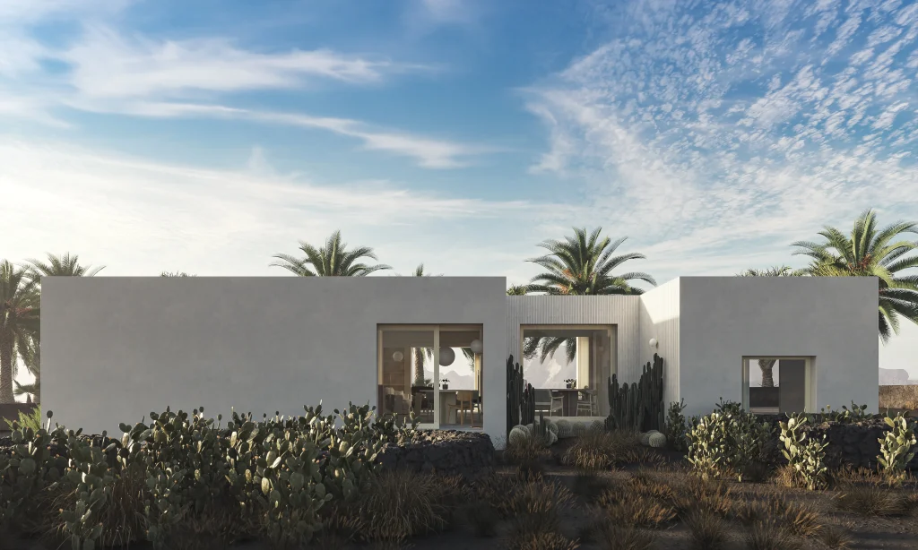 GALERIA DE INFOGRAFÍAS Render de fachada de villa minimalista blanca sobre terreno volcánico en Canarias