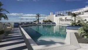 GALERIA DE INFOGRAFÍAS Piscina infinita en la azotea del hotel The Salmar en Tenerife, render 3D con vistas al mar