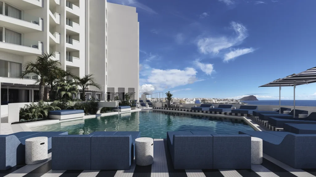 Piscina del hotel The Salmar en Tenerife con vistas al edificio y la costa, render 3D fotorrealista